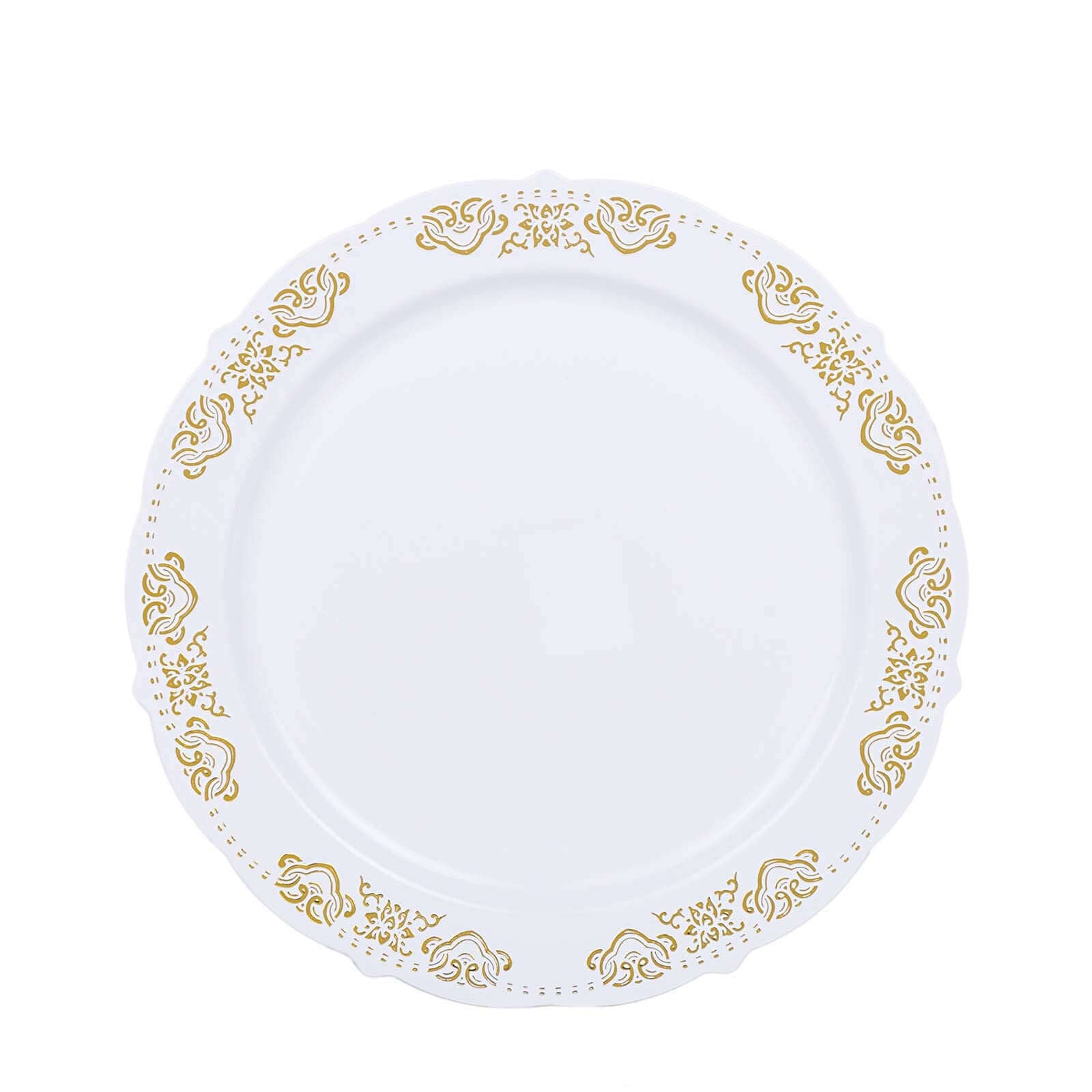 10 - Pack Plastic 7.5" Round Appetizer Plates in White with Gold Embossed Scalloped Edge - Chic Disposable Salad Plates for Special Occasions & Banquets - Linen Luxes