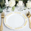 10 - Pack Plastic 7.5" Round Appetizer Plates in White with Gold Embossed Scalloped Edge - Chic Disposable Salad Plates for Special Occasions & Banquets - Linen Luxes