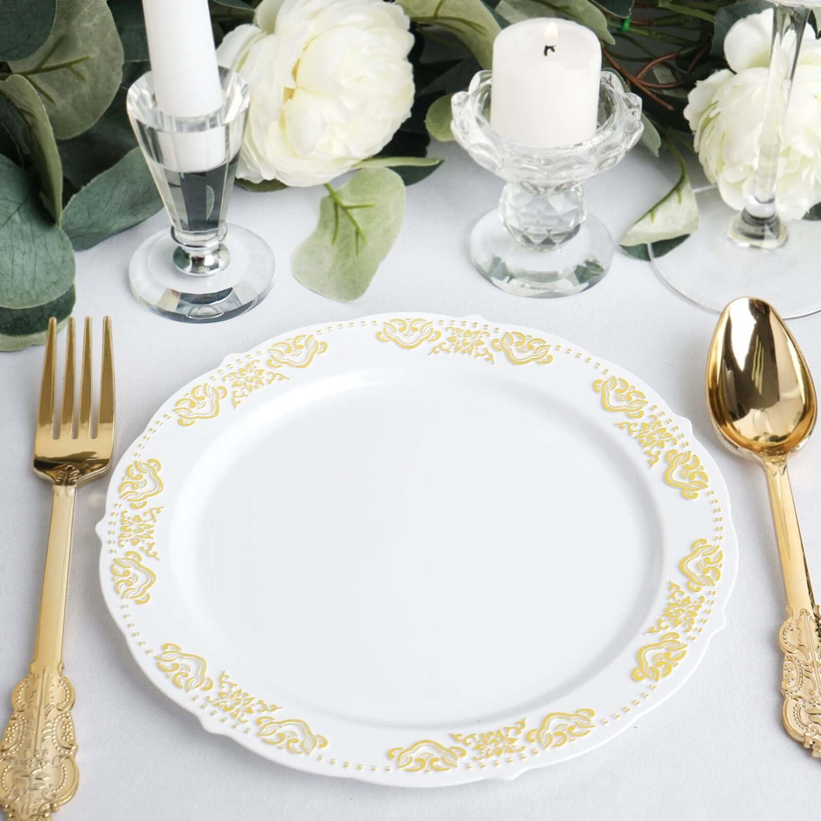 10 - Pack Plastic 7.5" Round Appetizer Plates in White with Gold Embossed Scalloped Edge - Chic Disposable Salad Plates for Special Occasions & Banquets - Linen Luxes