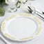 10 - Pack Plastic 7.5" Round Appetizer Plates in White with Gold Embossed Scalloped Edge - Chic Disposable Salad Plates for Special Occasions & Banquets - Linen Luxes