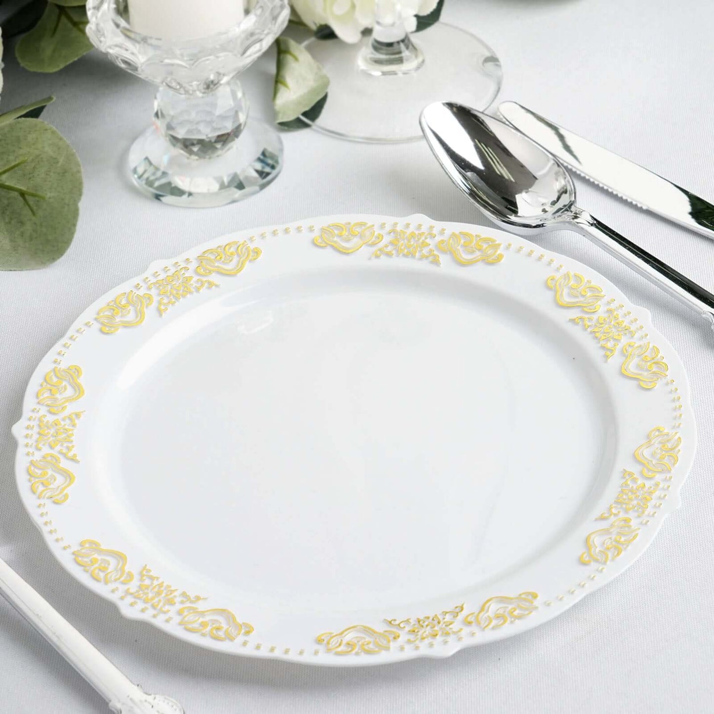 10 - Pack Plastic 7.5" Round Appetizer Plates in White with Gold Embossed Scalloped Edge - Chic Disposable Salad Plates for Special Occasions & Banquets - Linen Luxes