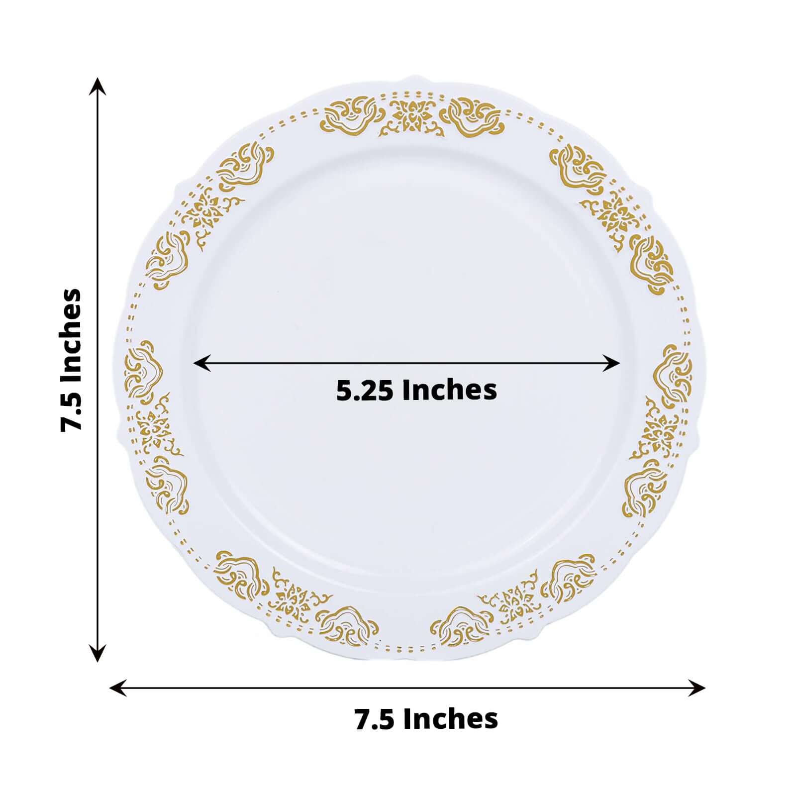 10 - Pack Plastic 7.5" Round Appetizer Plates in White with Gold Embossed Scalloped Edge - Chic Disposable Salad Plates for Special Occasions & Banquets - Linen Luxes