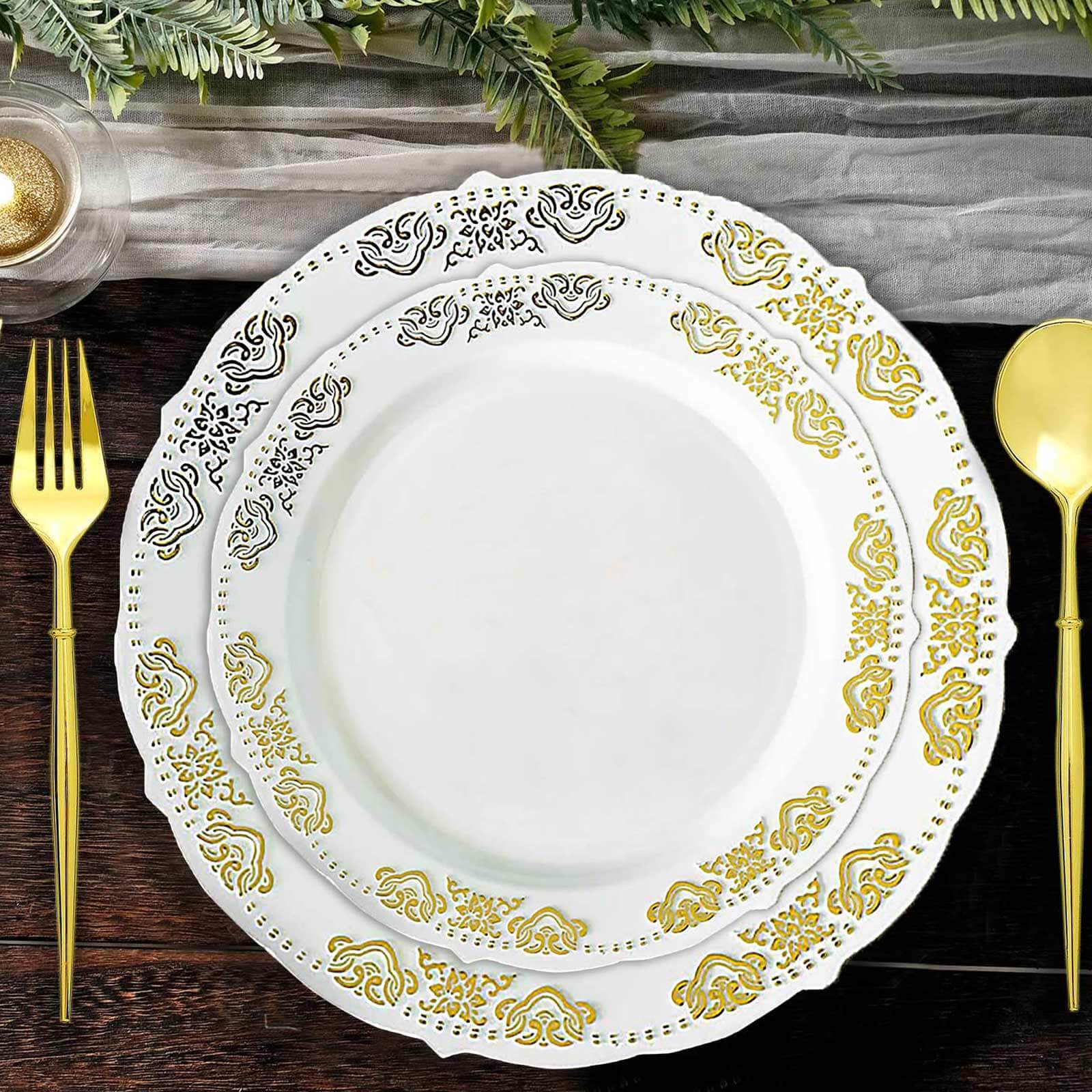 10 - Pack Plastic 7.5" Round Appetizer Plates in White with Gold Embossed Scalloped Edge - Chic Disposable Salad Plates for Special Occasions & Banquets - Linen Luxes