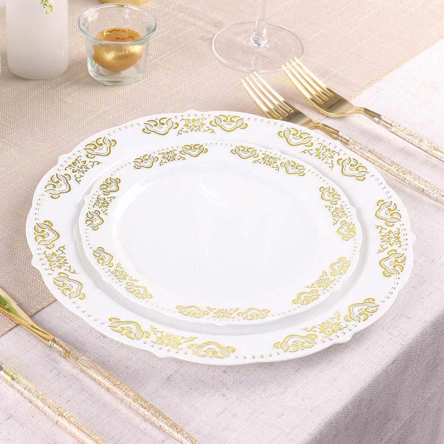 10 - Pack Plastic 7.5" Round Appetizer Plates in White with Gold Embossed Scalloped Edge - Chic Disposable Salad Plates for Special Occasions & Banquets - Linen Luxes