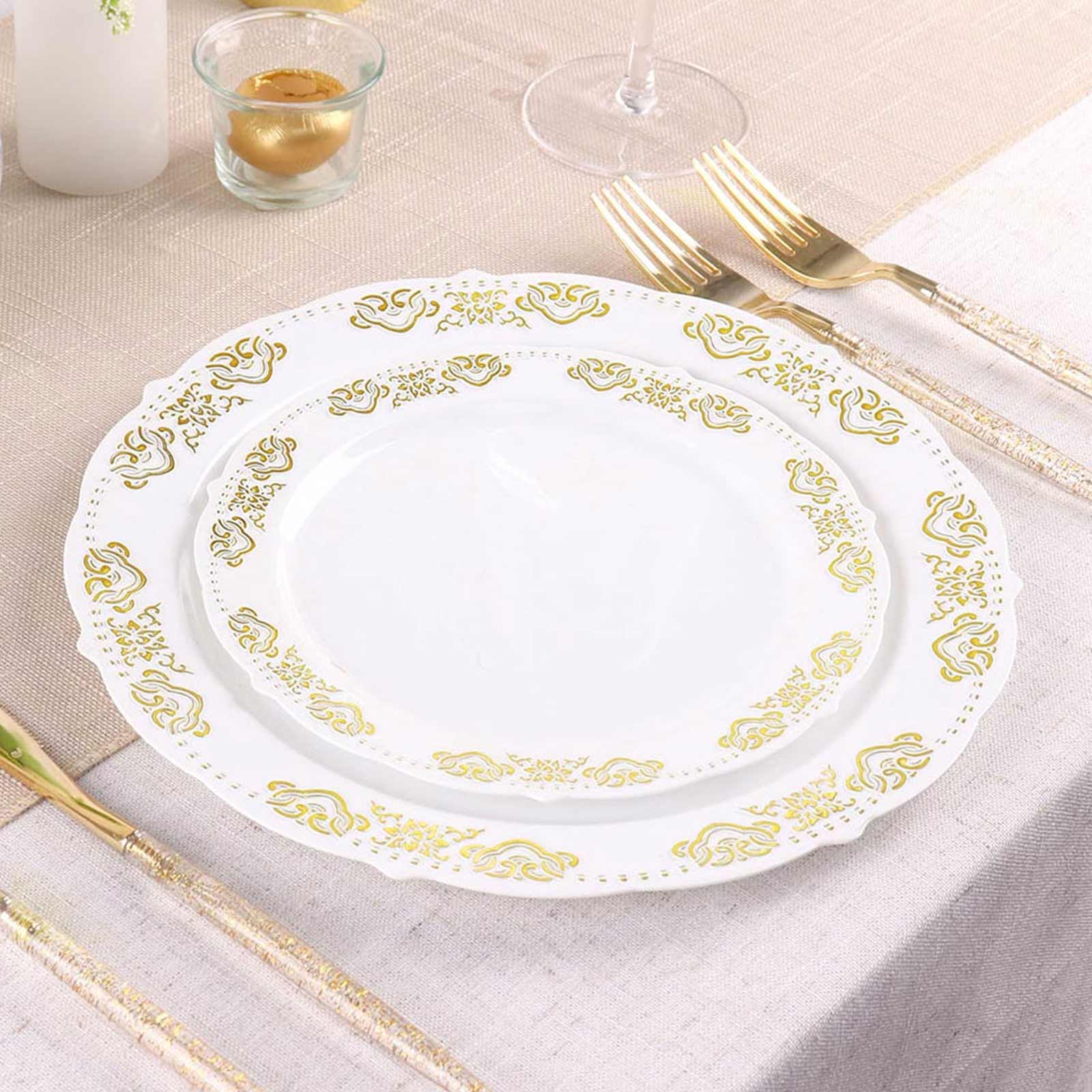 10 - Pack Plastic 7.5" Round Appetizer Plates in White with Gold Embossed Scalloped Edge - Chic Disposable Salad Plates for Special Occasions & Banquets - Linen Luxes