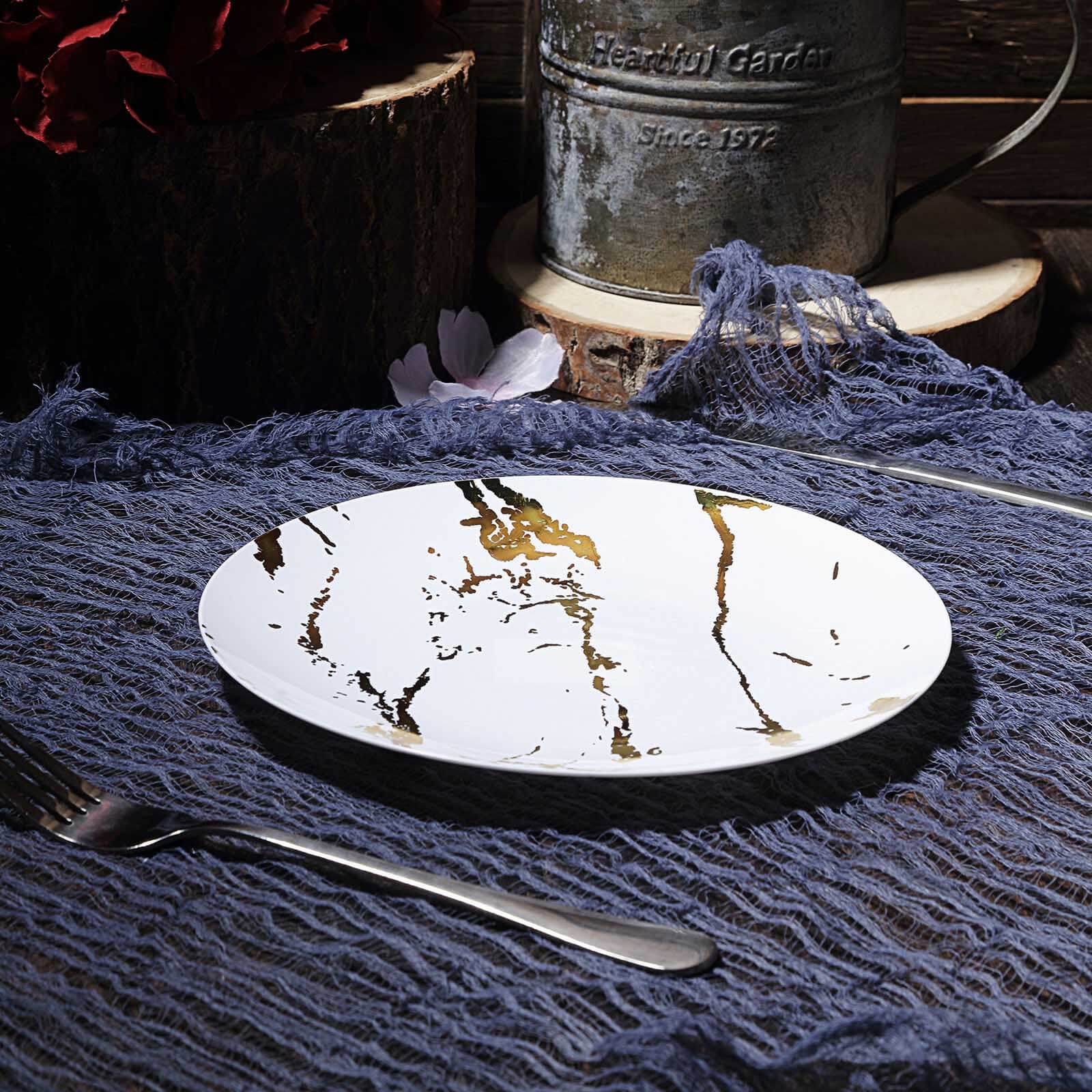 10 - Pack Plastic 8" Round Dessert Plates in White with Gold Marble Print - Disposable Appetizer/Salad Plates for Chic Banquets & Special Occasions - Linen Luxes