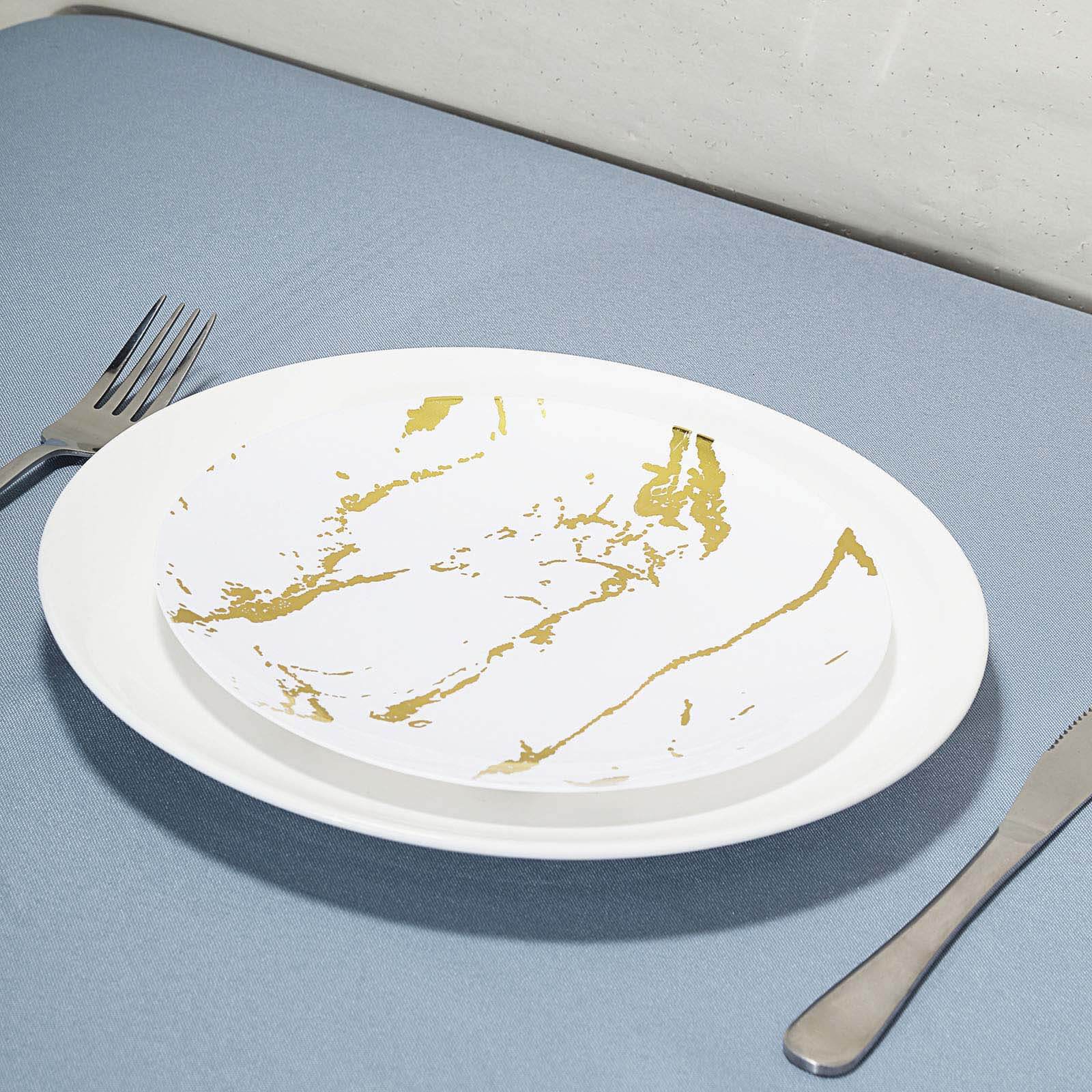 10 - Pack Plastic 8" Round Dessert Plates in White with Gold Marble Print - Disposable Appetizer/Salad Plates for Chic Banquets & Special Occasions - Linen Luxes