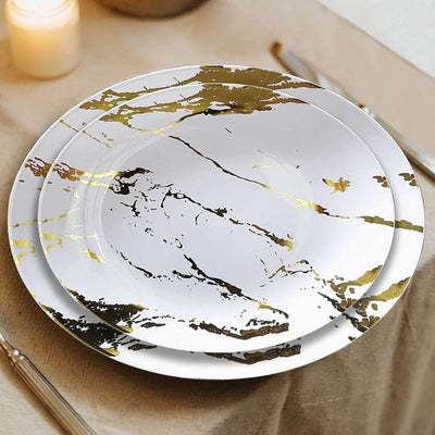10 - Pack Plastic 8" Round Dessert Plates in White with Gold Marble Print - Disposable Appetizer/Salad Plates for Chic Banquets & Special Occasions - Linen Luxes