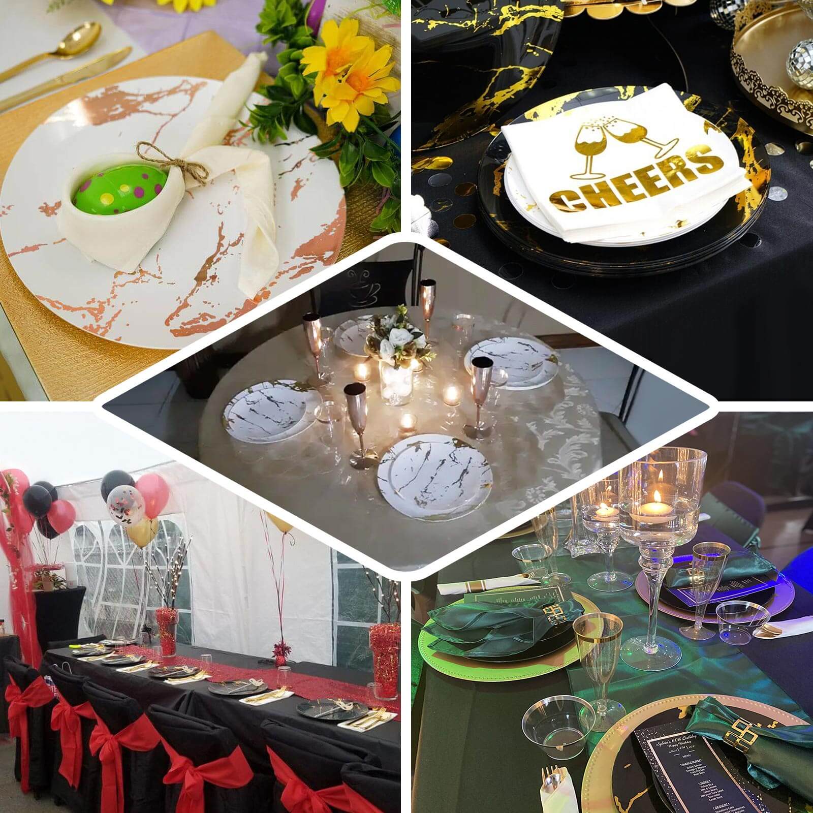 10 - Pack Plastic 8" Round Dessert Plates in White with Gold Marble Print - Disposable Appetizer/Salad Plates for Chic Banquets & Special Occasions - Linen Luxes