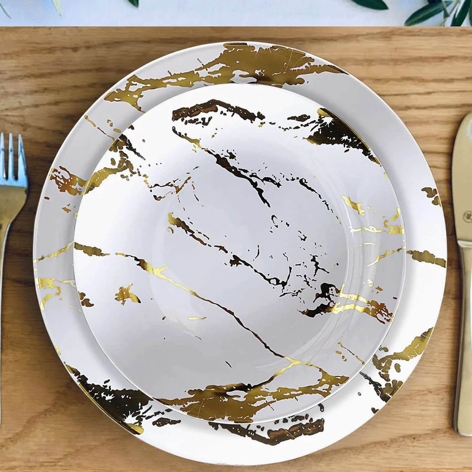 10 - Pack Plastic 8" Round Dessert Plates in White with Gold Marble Print - Disposable Appetizer/Salad Plates for Chic Banquets & Special Occasions - Linen Luxes