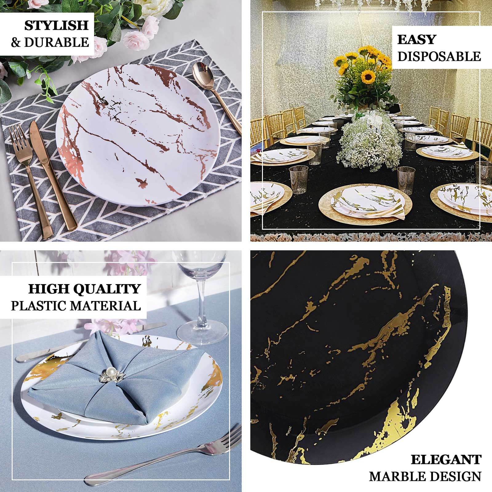 10 - Pack Plastic 8" Round Dessert Plates in White with Gold Marble Print - Disposable Appetizer/Salad Plates for Chic Banquets & Special Occasions - Linen Luxes