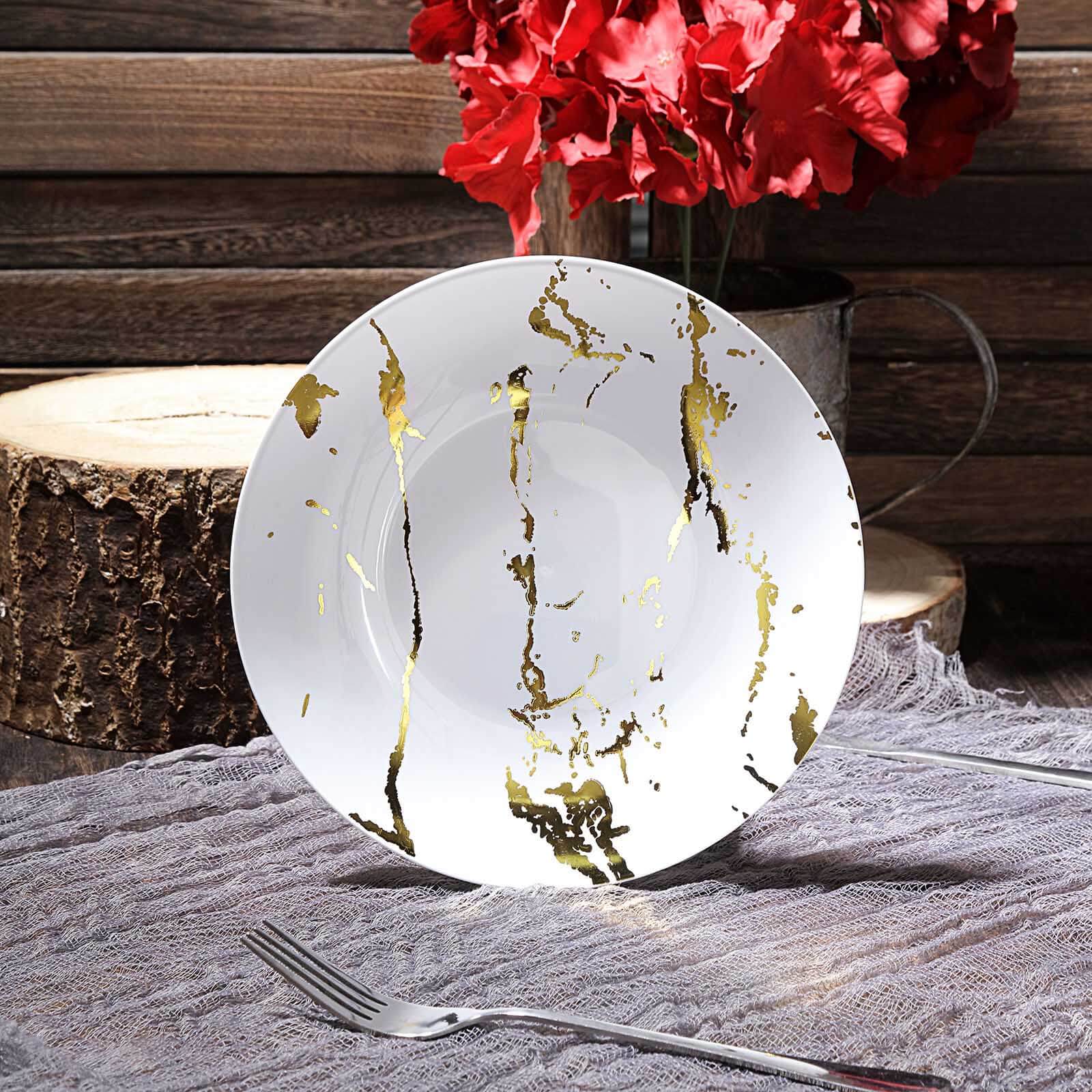10 - Pack Plastic 8" Round Dessert Plates in White with Gold Marble Print - Disposable Appetizer/Salad Plates for Chic Banquets & Special Occasions - Linen Luxes