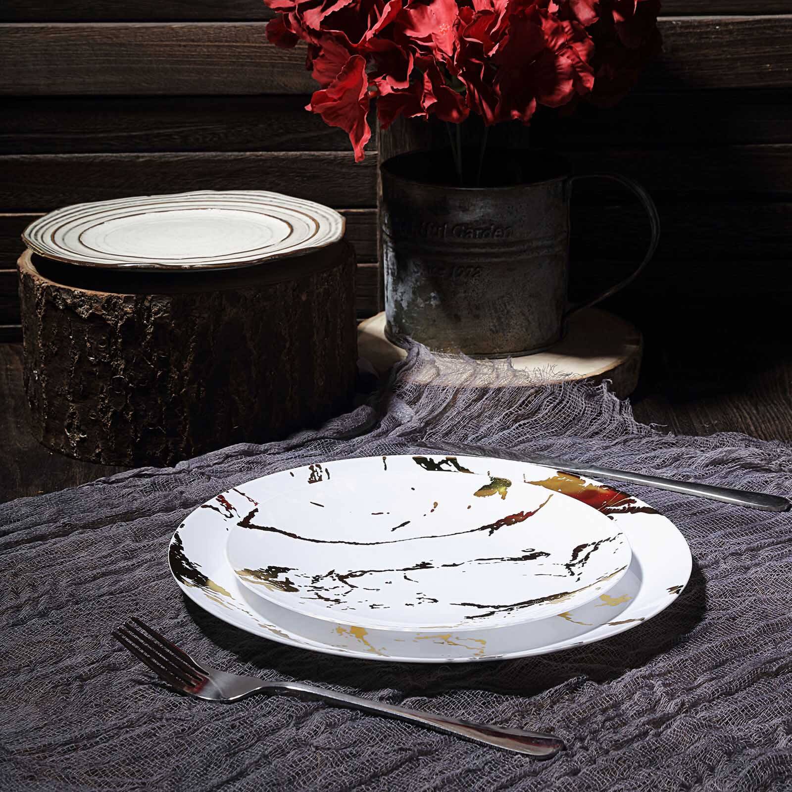 10 - Pack Plastic 8" Round Dessert Plates in White with Gold Marble Print - Disposable Appetizer/Salad Plates for Chic Banquets & Special Occasions - Linen Luxes