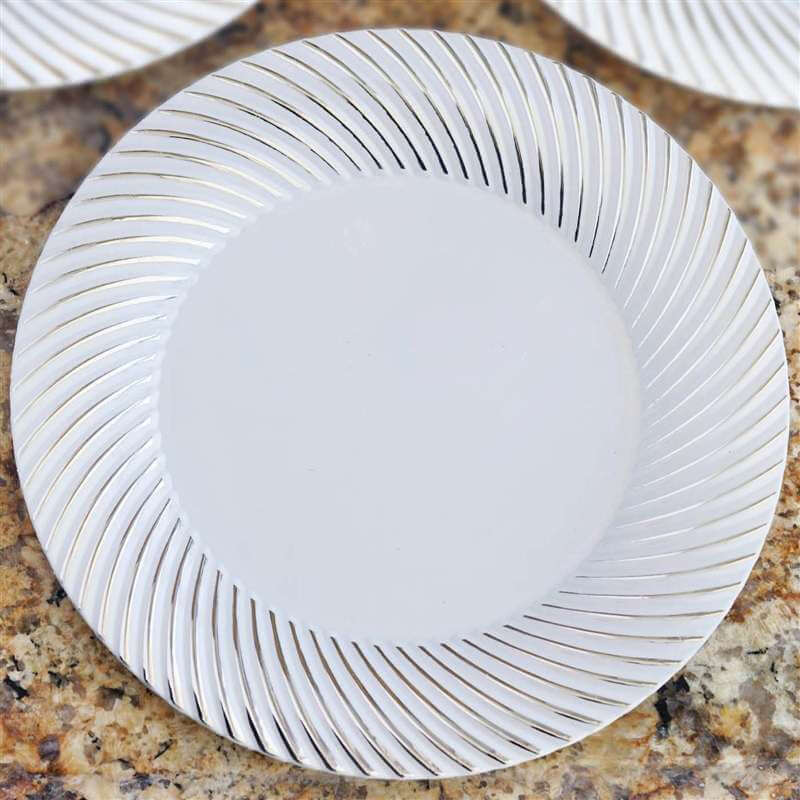 10 - Pack Plastic 9" Round Dinner Plates White with Silver Swirl Rim - Disposable Party Plates - Linen Luxes