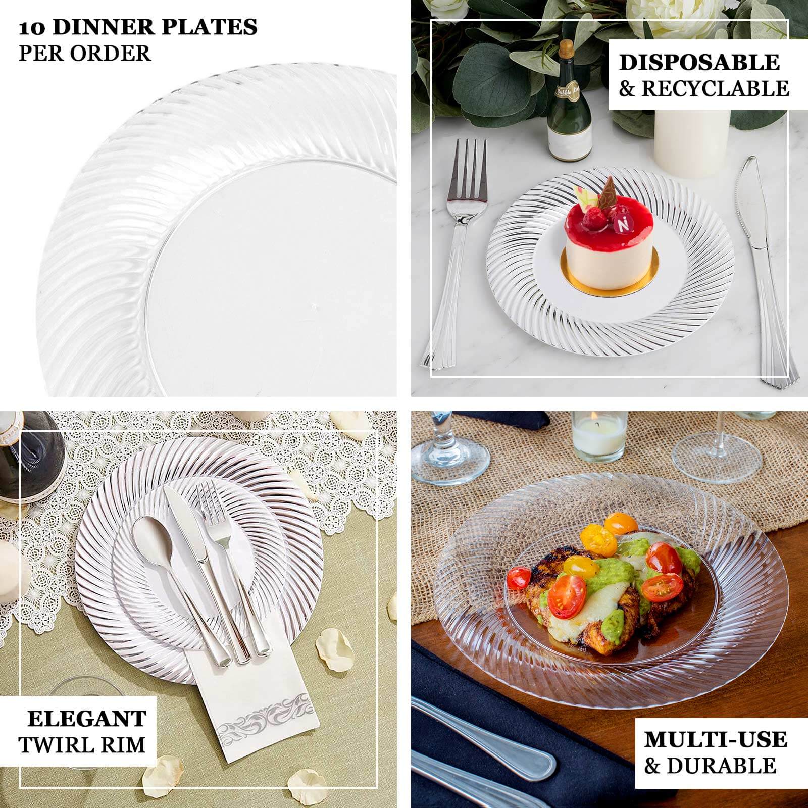10 - Pack Plastic 9" Round Dinner Plates White with Silver Swirl Rim - Disposable Party Plates - Linen Luxes