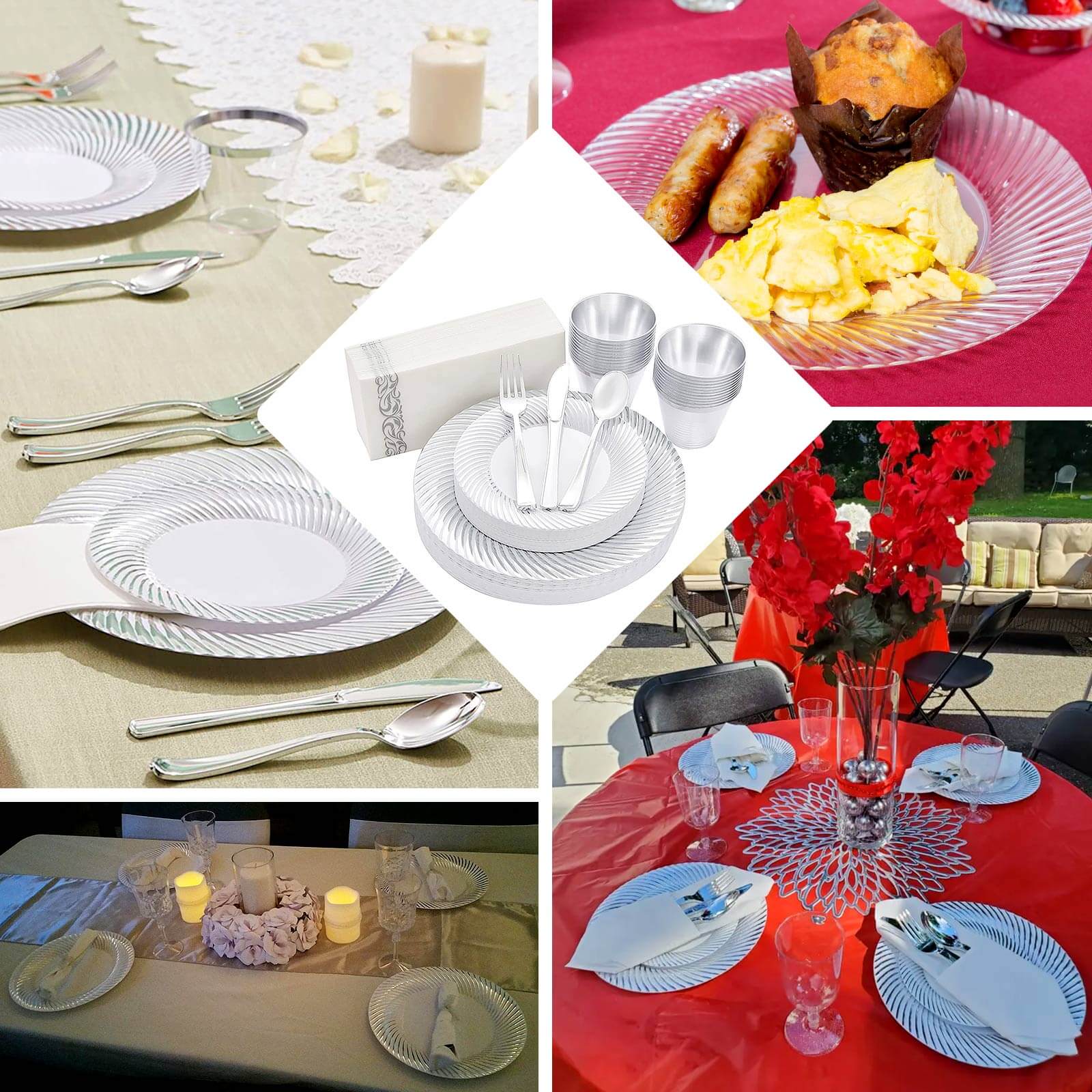 10 - Pack Plastic 9" Round Dinner Plates White with Silver Swirl Rim - Disposable Party Plates - Linen Luxes