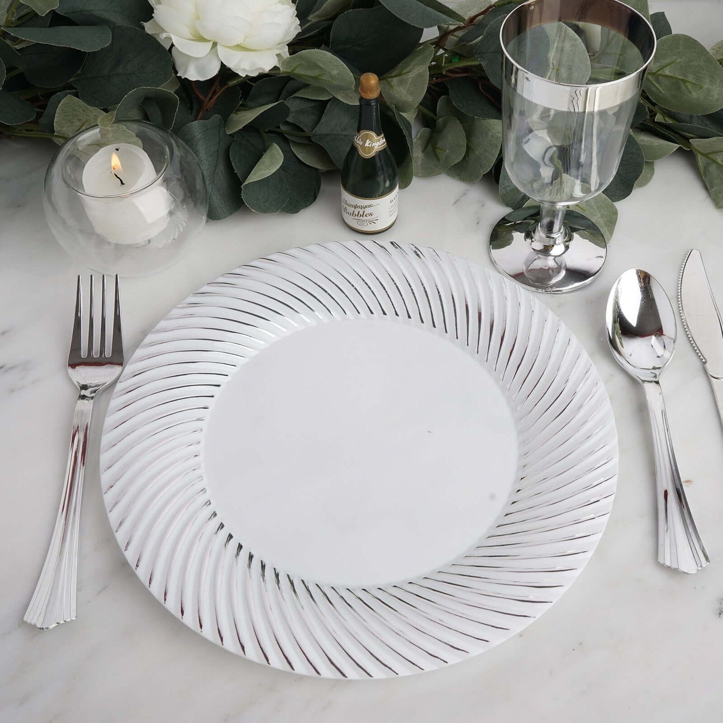 10 - Pack Plastic 9" Round Dinner Plates White with Silver Swirl Rim - Disposable Party Plates - Linen Luxes
