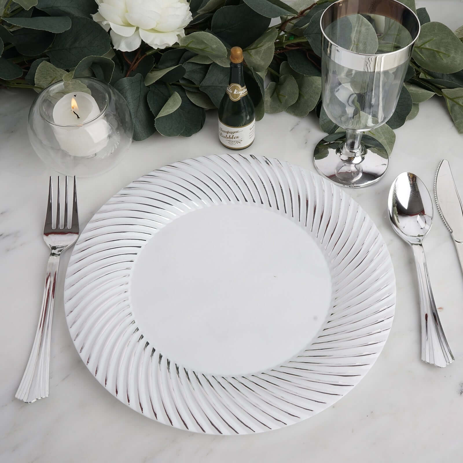 10 - Pack Plastic 9" Round Dinner Plates White with Silver Swirl Rim - Disposable Party Plates - Linen Luxes