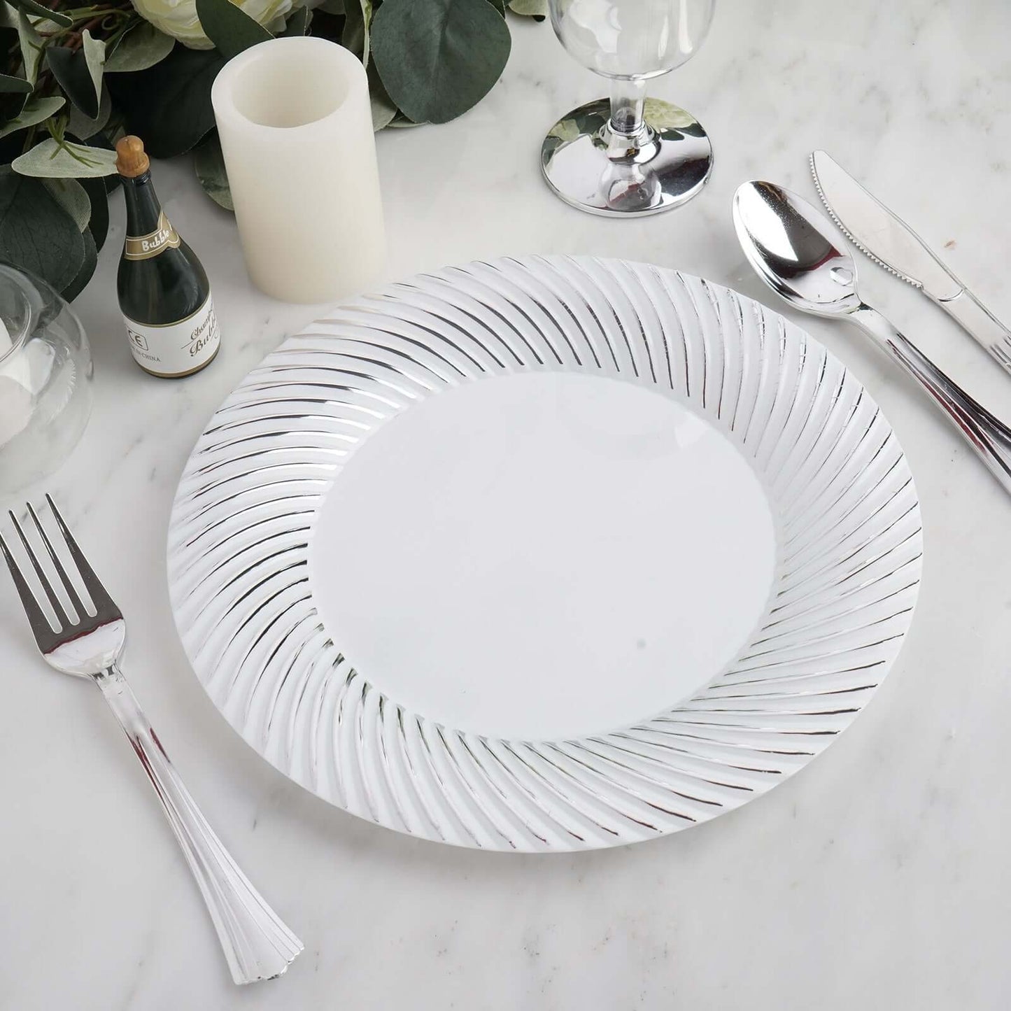 10 - Pack Plastic 9" Round Dinner Plates White with Silver Swirl Rim - Disposable Party Plates - Linen Luxes