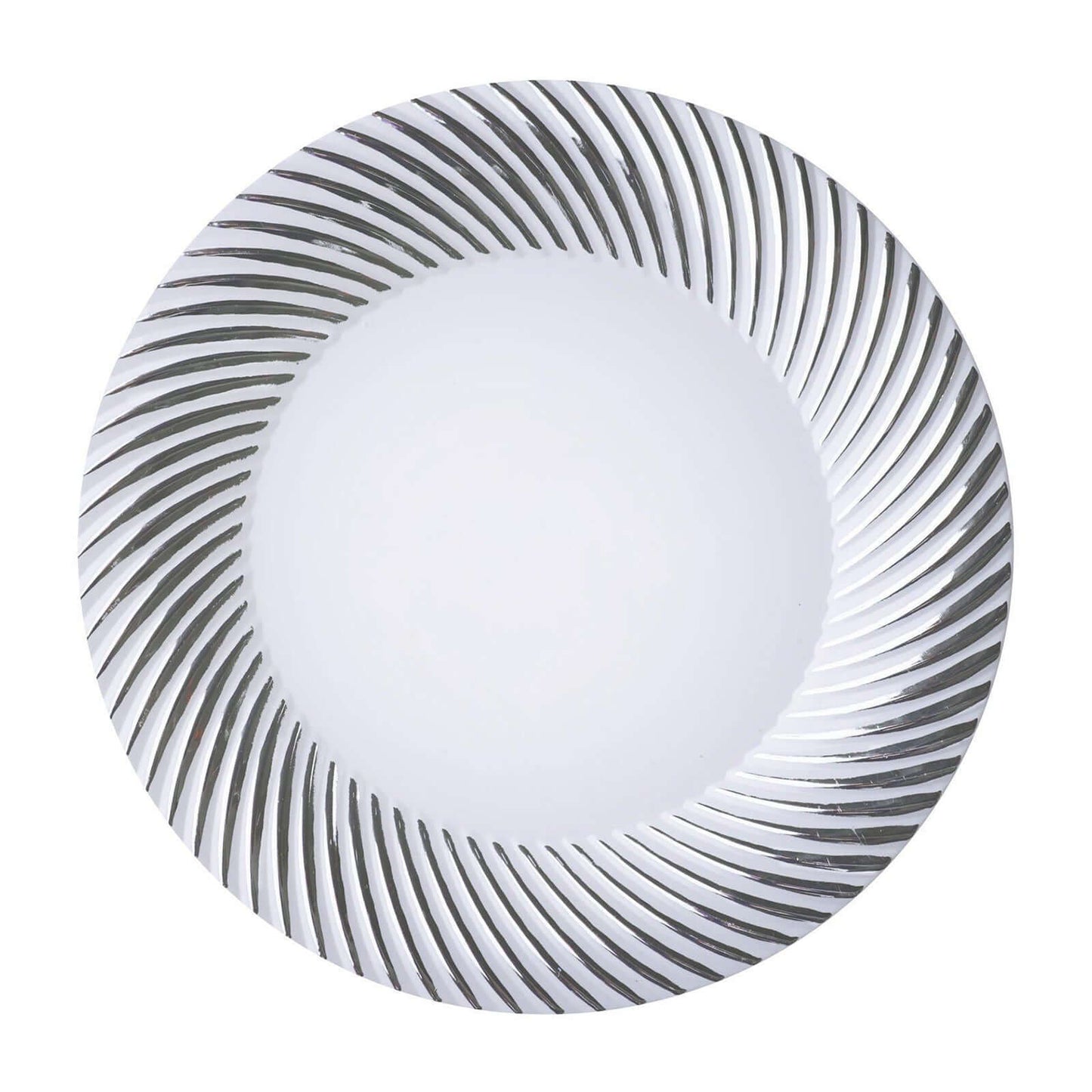 10 - Pack Plastic 9" Round Dinner Plates White with Silver Swirl Rim - Disposable Party Plates - Linen Luxes