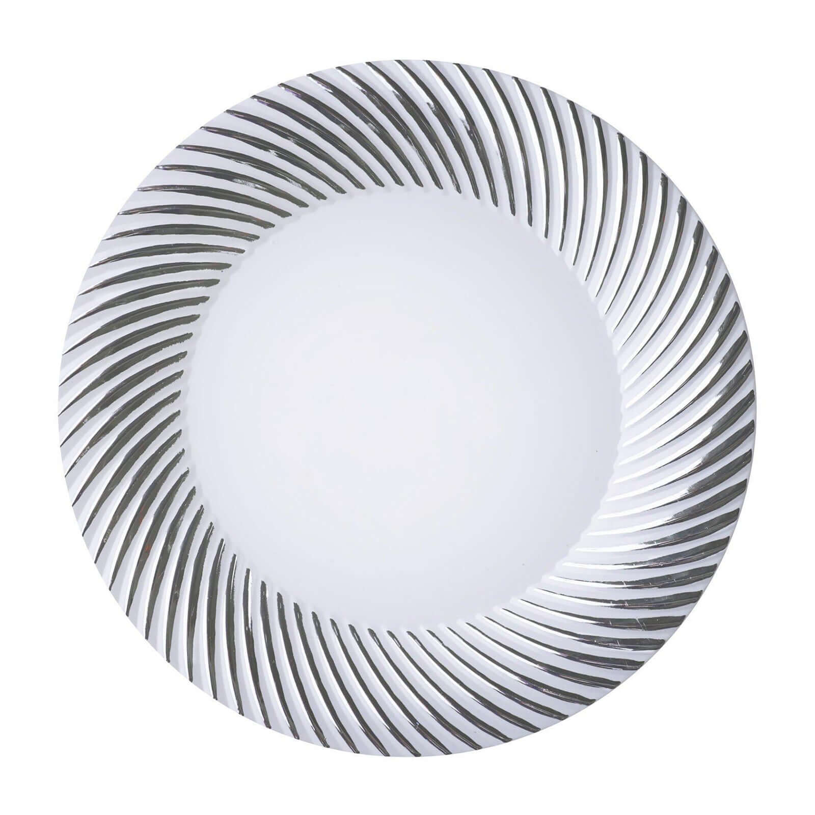 10 - Pack Plastic 9" Round Dinner Plates White with Silver Swirl Rim - Disposable Party Plates - Linen Luxes