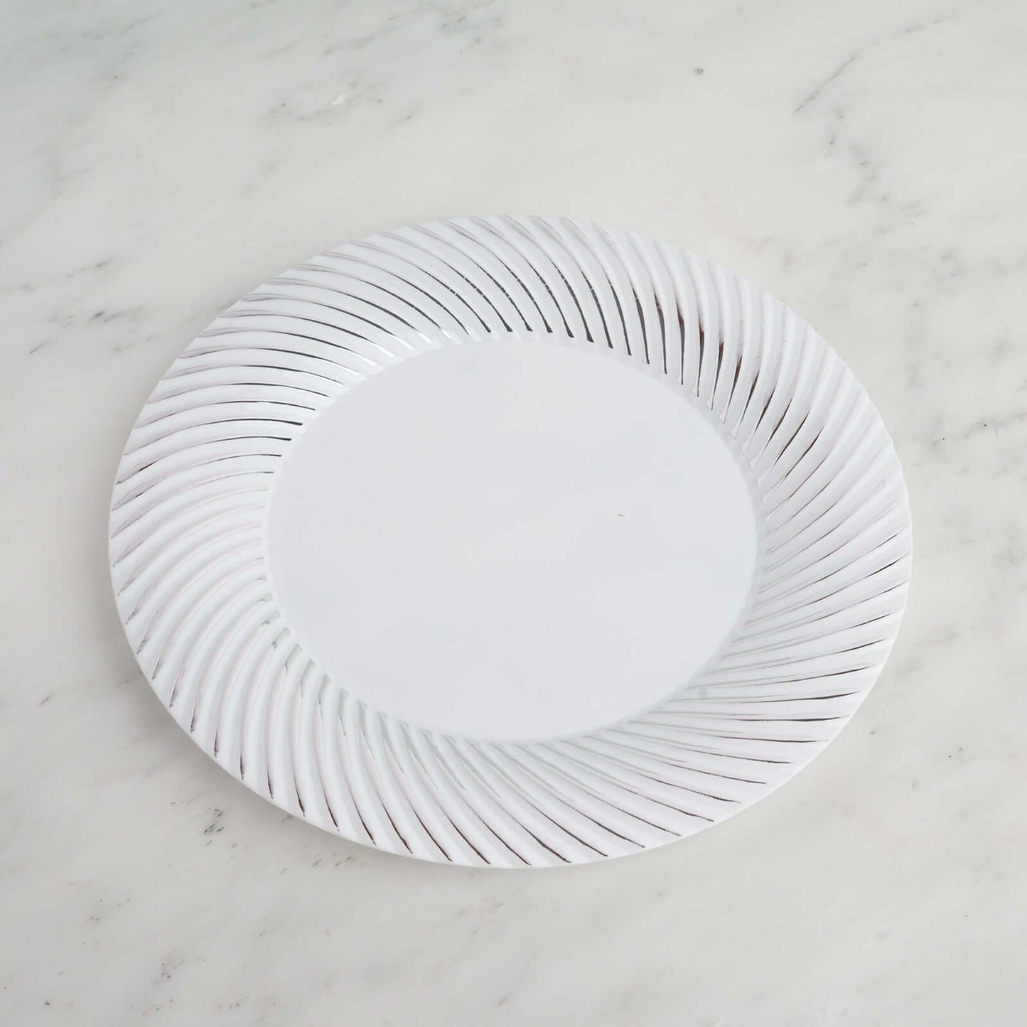 10 - Pack Plastic 9" Round Dinner Plates White with Silver Swirl Rim - Disposable Party Plates - Linen Luxes