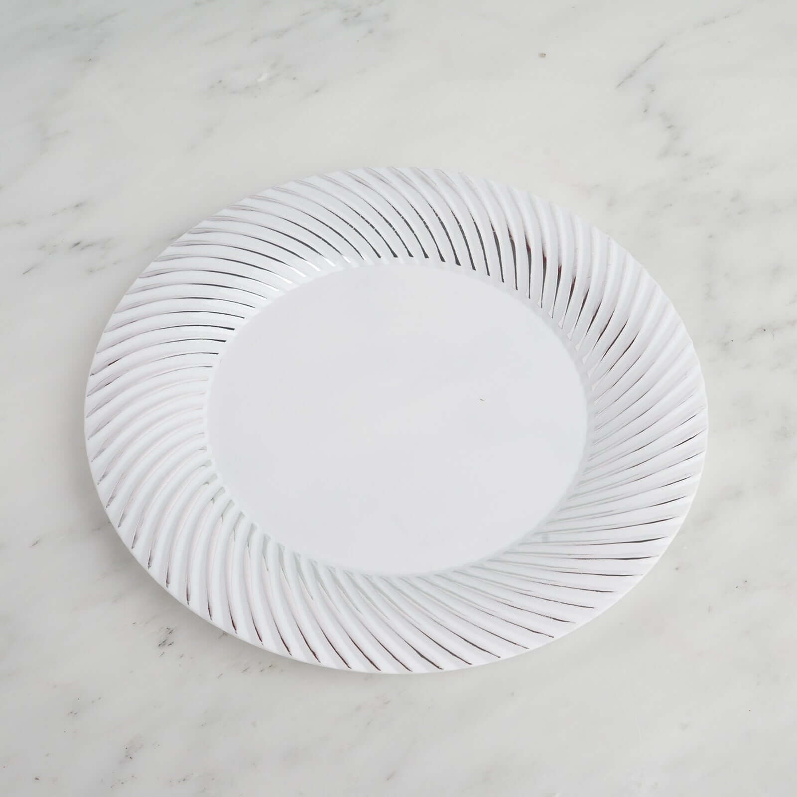10 - Pack Plastic 9" Round Dinner Plates White with Silver Swirl Rim - Disposable Party Plates - Linen Luxes