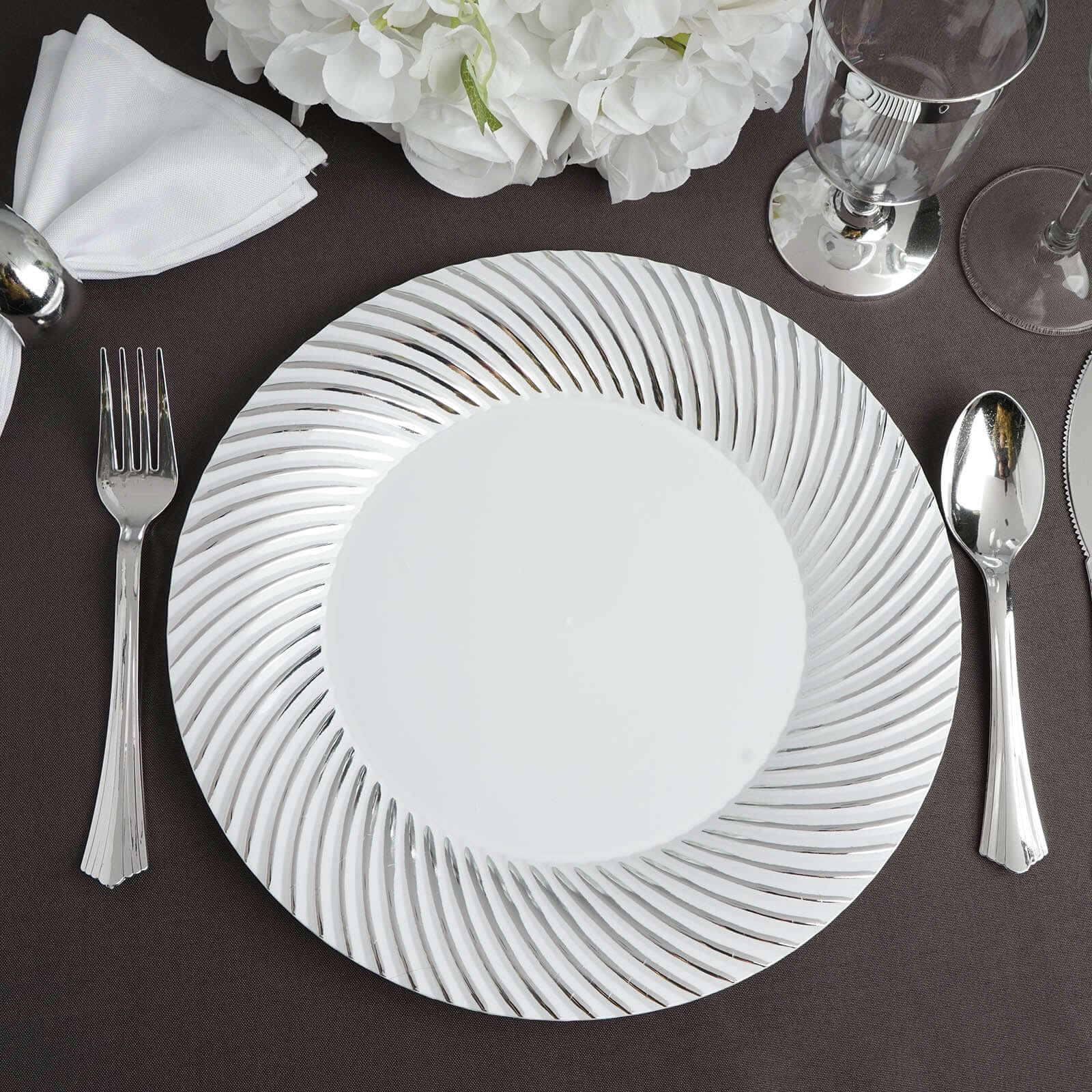 10 - Pack Plastic 9" Round Dinner Plates White with Silver Swirl Rim - Disposable Party Plates - Linen Luxes