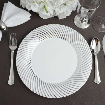 10 - Pack Plastic 9" Round Dinner Plates White with Silver Swirl Rim - Disposable Party Plates - Linen Luxes