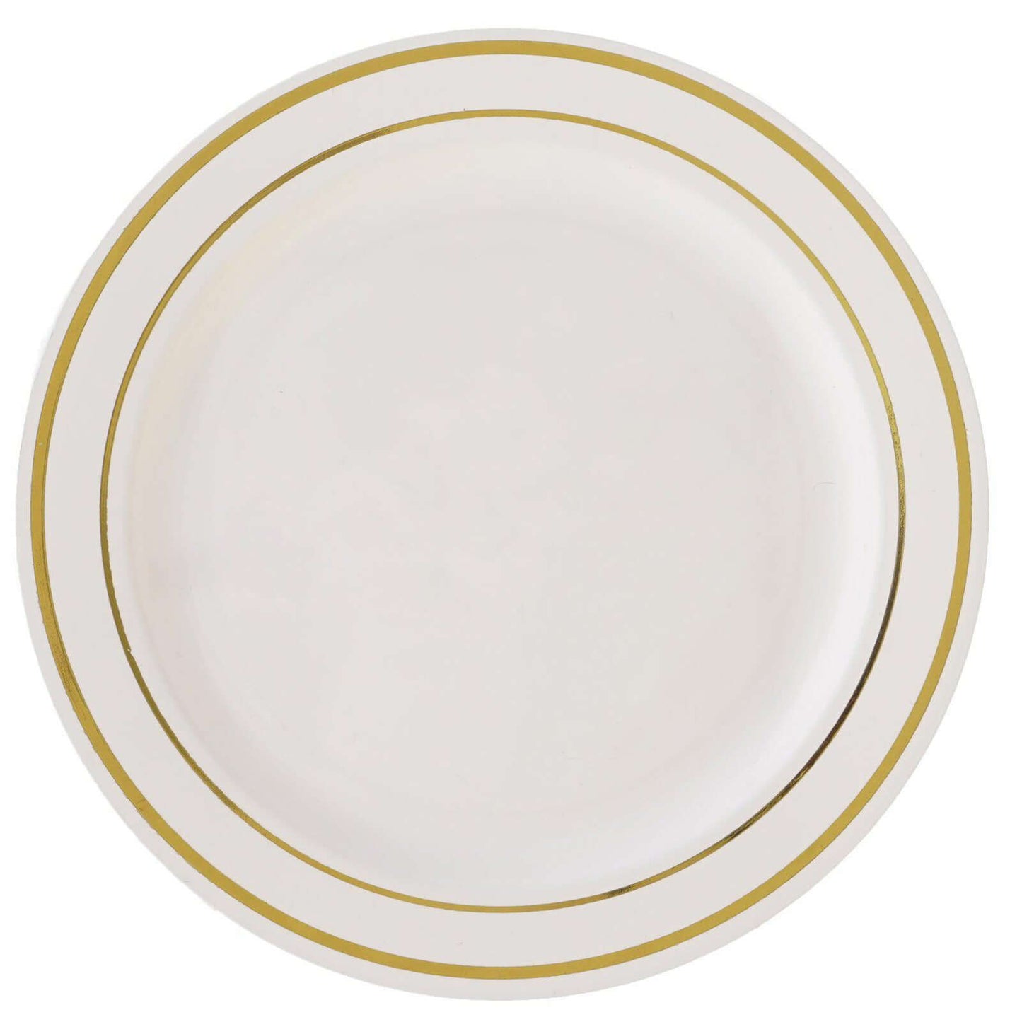 10 - Pack Plastic Dessert Plates Ivory with TrÃ¨s Chic Gold Rim - Disposable Appetizer Plates for Parties 6" - Linen Luxes
