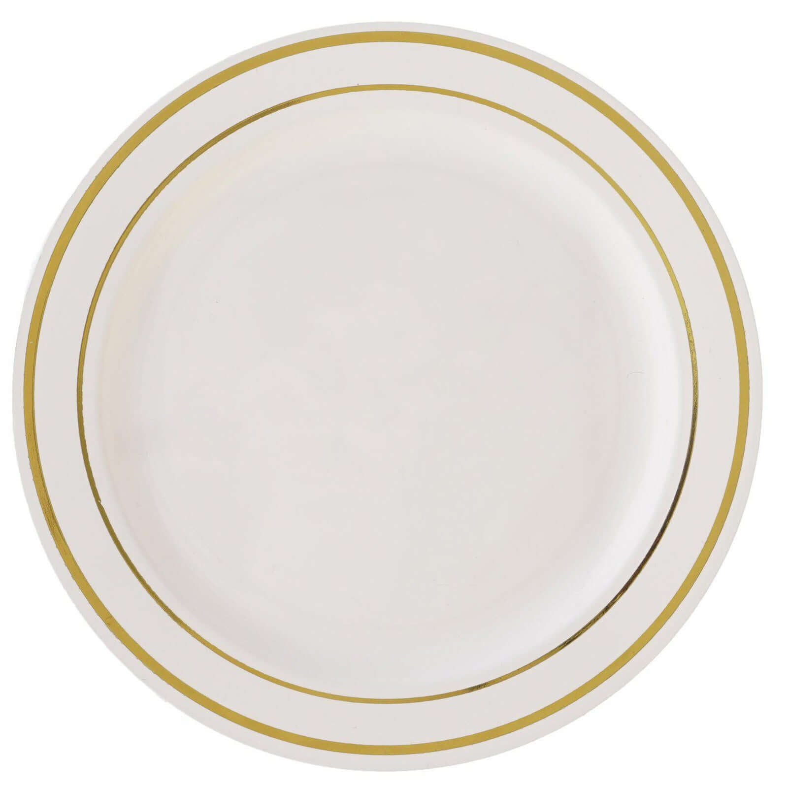 10 - Pack Plastic Dessert Plates Ivory with TrÃ¨s Chic Gold Rim - Disposable Appetizer Plates for Parties 6" - Linen Luxes