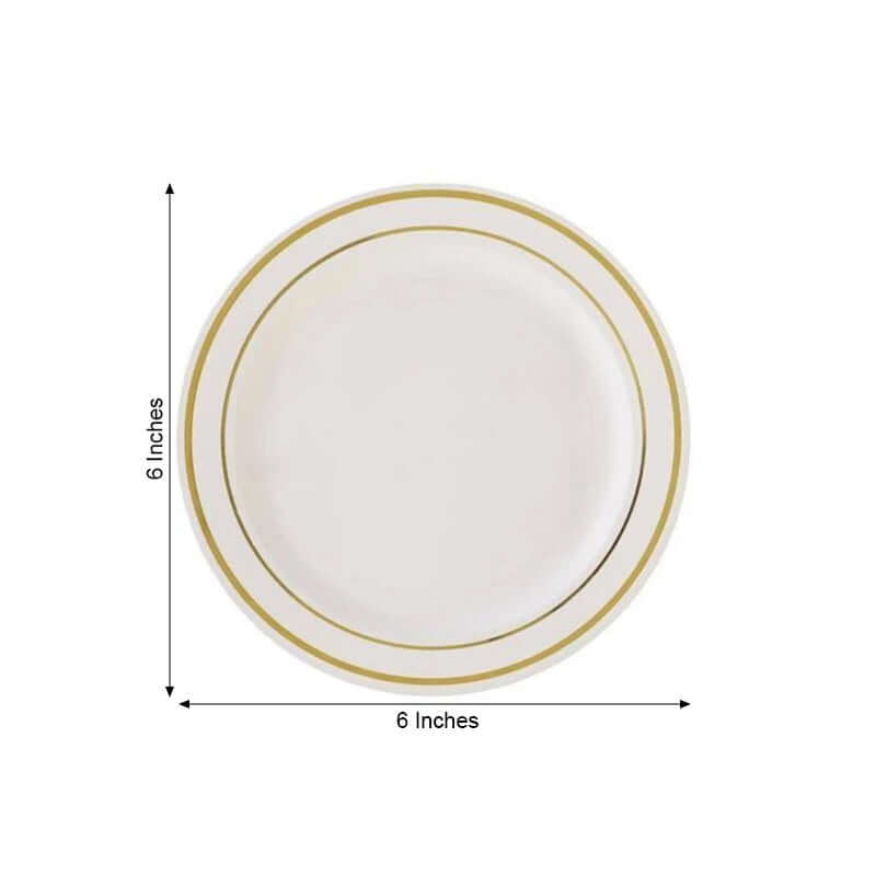10 - Pack Plastic Dessert Plates Ivory with TrÃ¨s Chic Gold Rim - Disposable Appetizer Plates for Parties 6" - Linen Luxes