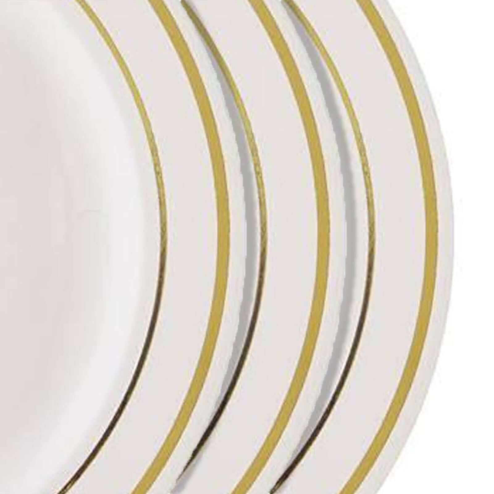 10 - Pack Plastic Dessert Plates Ivory with TrÃ¨s Chic Gold Rim - Disposable Plates for Parties 8" - Linen Luxes