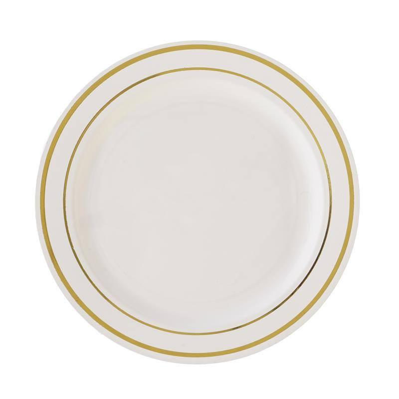 10 - Pack Plastic Dessert Plates Ivory with TrÃ¨s Chic Gold Rim - Disposable Plates for Parties 8" - Linen Luxes