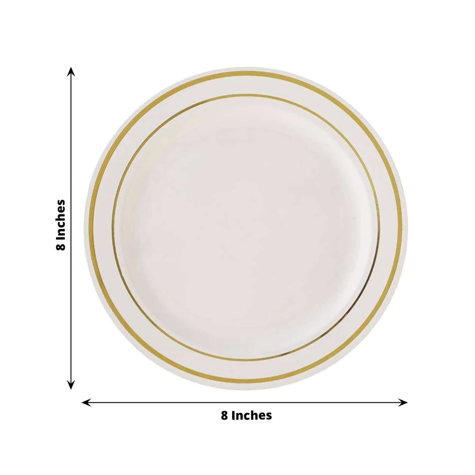 10 - Pack Plastic Dessert Plates Ivory with TrÃ¨s Chic Gold Rim - Disposable Plates for Parties 8" - Linen Luxes