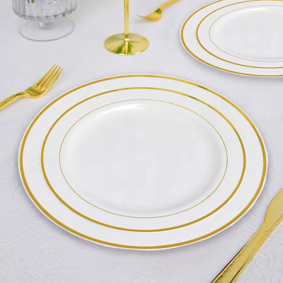 10 - Pack Plastic Dessert Plates Ivory with TrÃ¨s Chic Gold Rim - Disposable Plates for Parties 8" - Linen Luxes