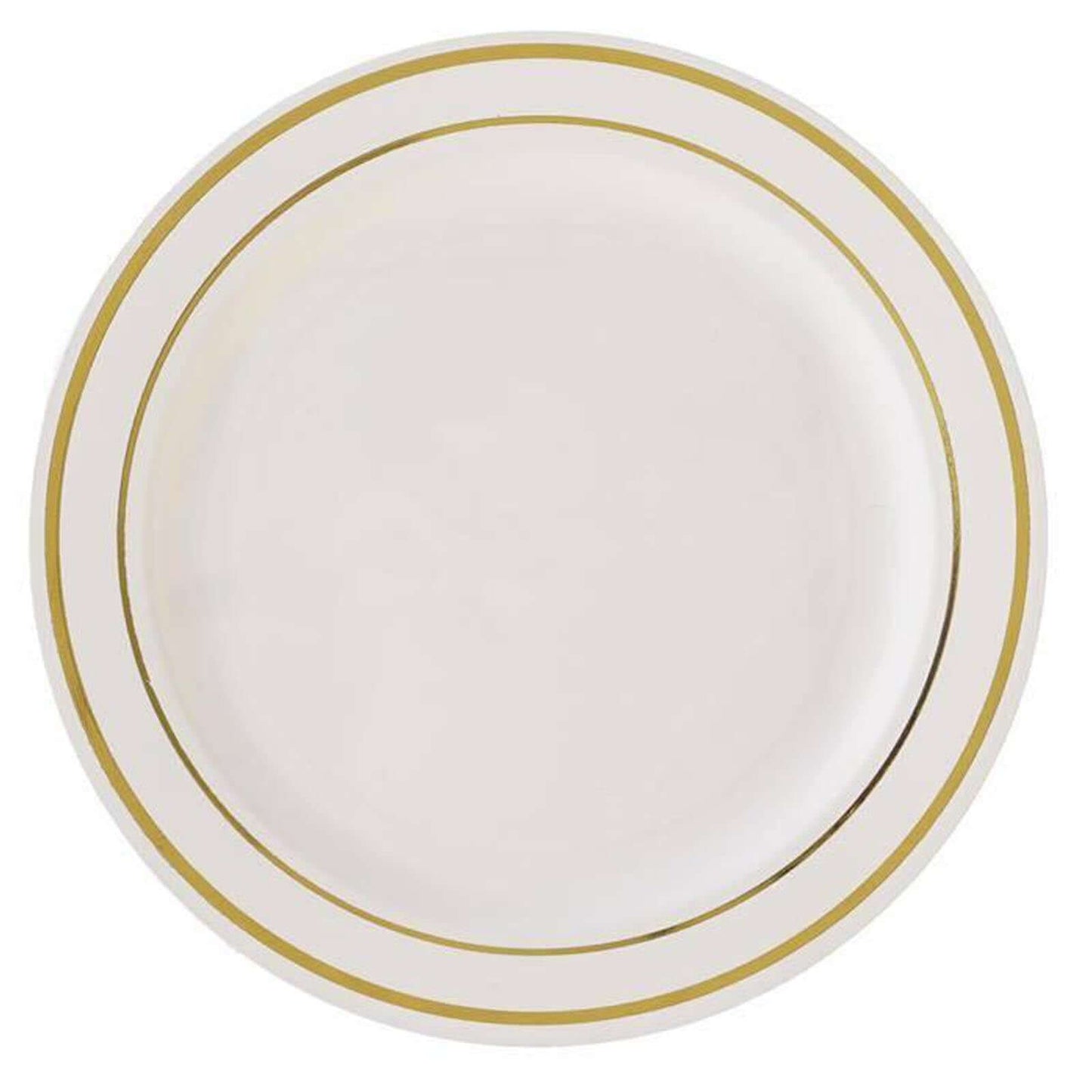 10 - Pack Plastic Dessert Plates Ivory with TrÃ¨s Chic Gold Rim - Disposable Plates for Parties 8" - Linen Luxes