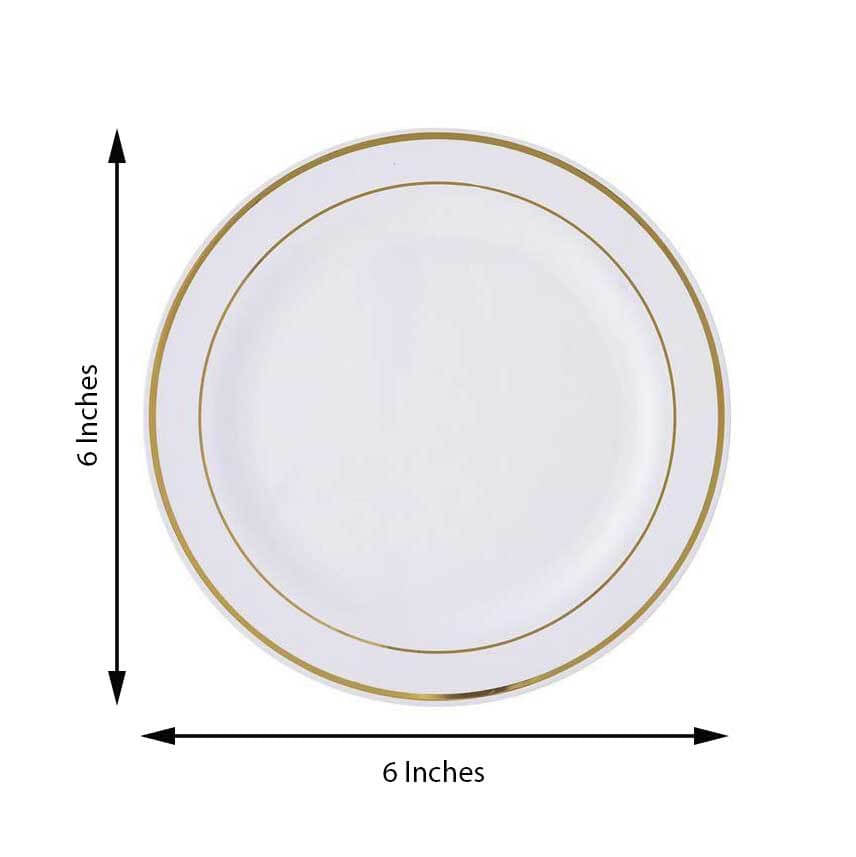 10 - Pack Plastic Dessert Plates White with TrÃ¨s Chic Gold Rim - Disposable Plates for Appetizers 6" - Linen Luxes