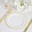 10 - Pack Plastic Dessert Plates White with TrÃ¨s Chic Gold Rim - Disposable Plates for Appetizers 6" - Linen Luxes