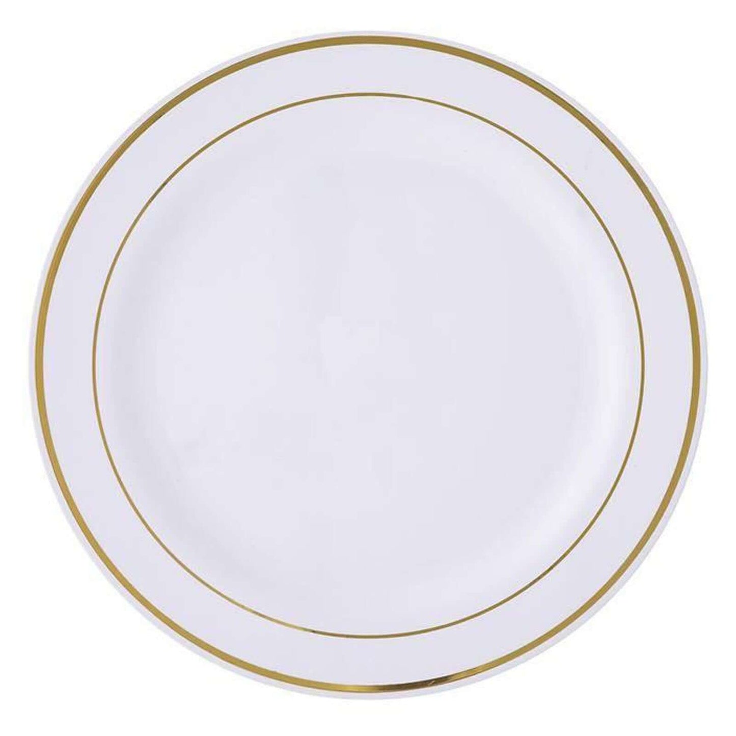 10 - Pack Plastic Dessert Plates White with TrÃ¨s Chic Gold Rim - Disposable Plates for Parties 8" - Linen Luxes