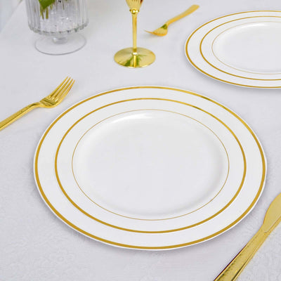 10 - Pack Plastic Dessert Plates White with TrÃ¨s Chic Gold Rim - Disposable Plates for Parties 8" - Linen Luxes