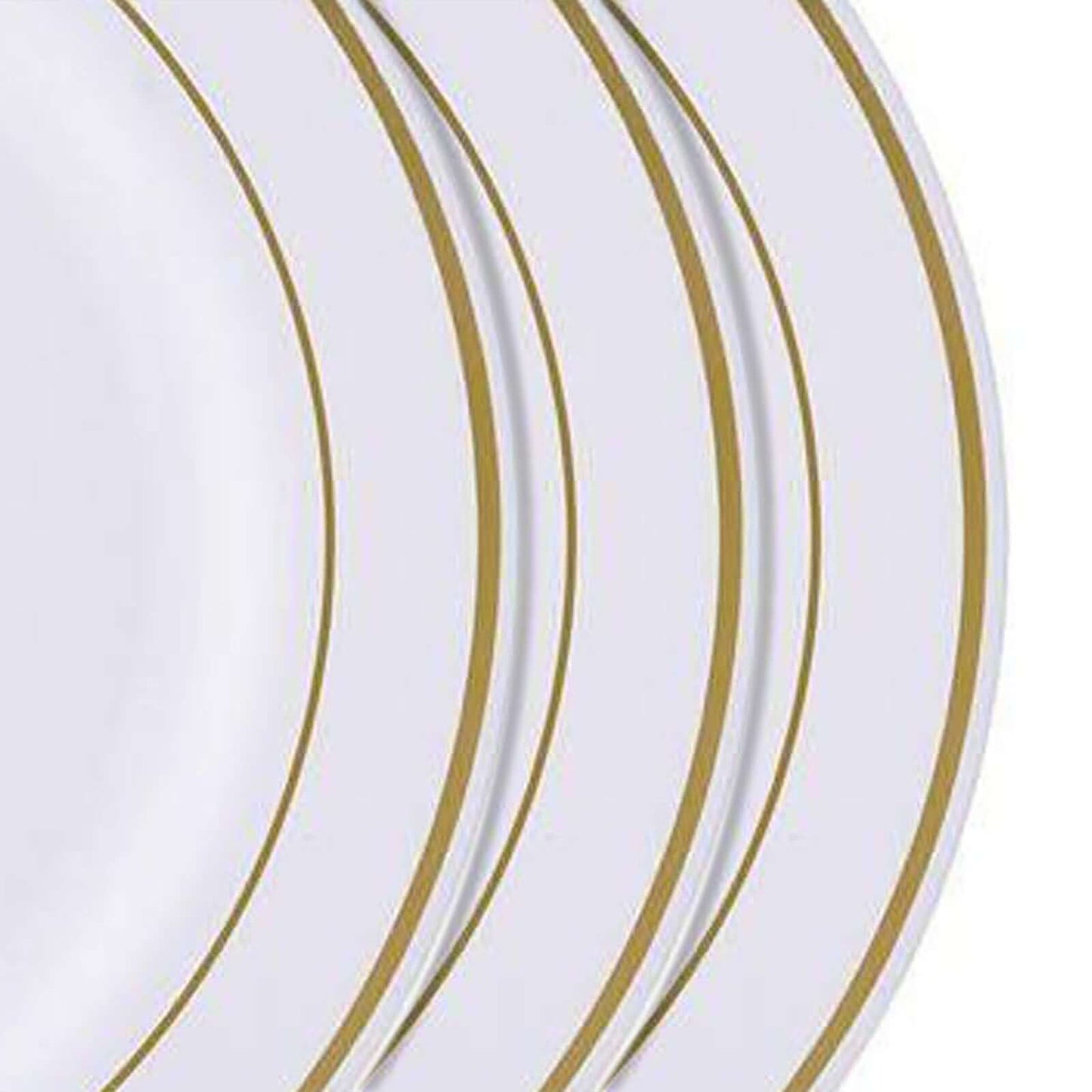 10 - Pack Plastic Dessert Plates White with TrÃ¨s Chic Gold Rim - Disposable Plates for Parties 8" - Linen Luxes