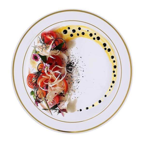 10 - Pack Plastic Dessert Plates White with TrÃ¨s Chic Gold Rim - Disposable Plates for Parties 8" - Linen Luxes
