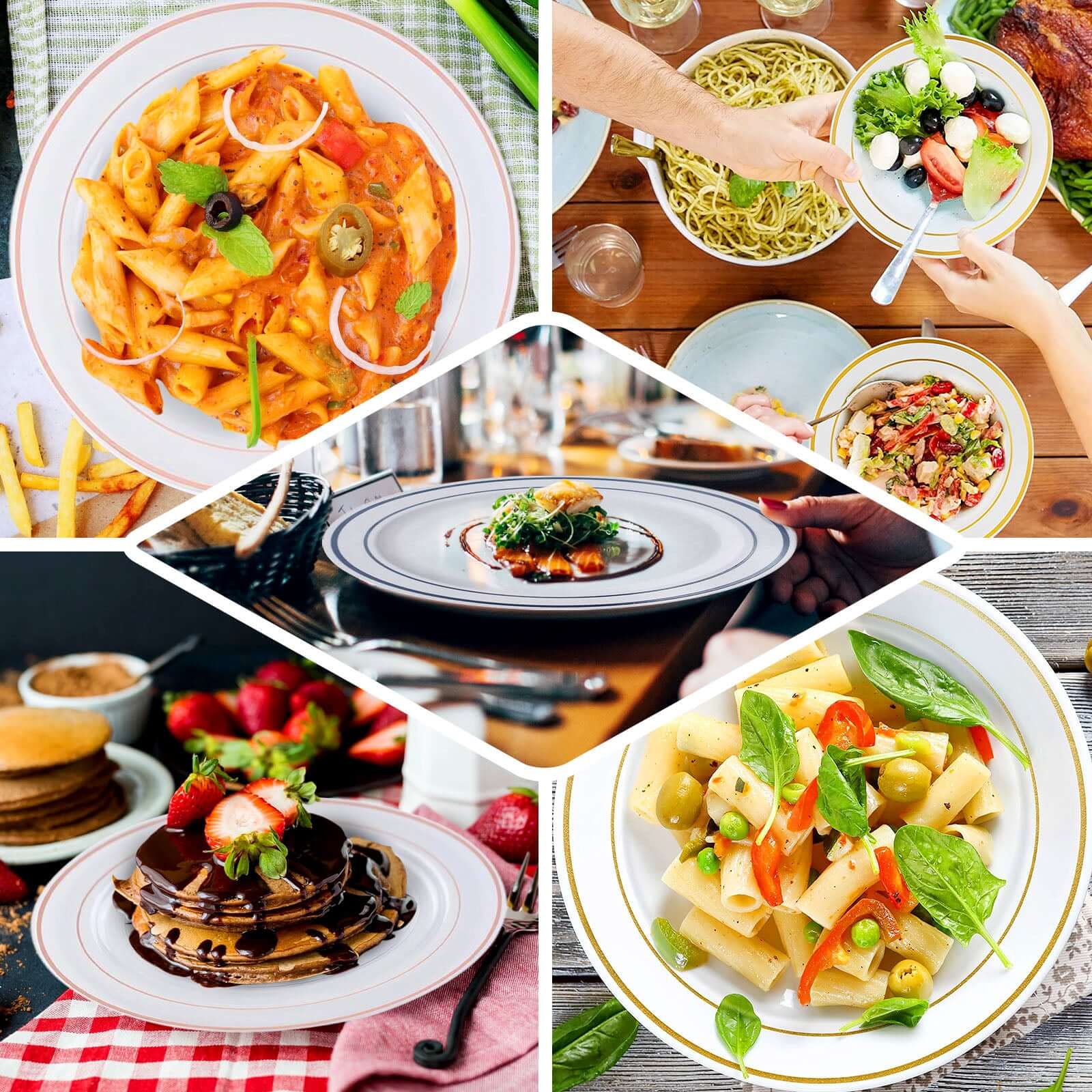 10 - Pack Plastic Dessert Plates White with TrÃ¨s Chic Gold Rim - Disposable Plates for Parties 8" - Linen Luxes