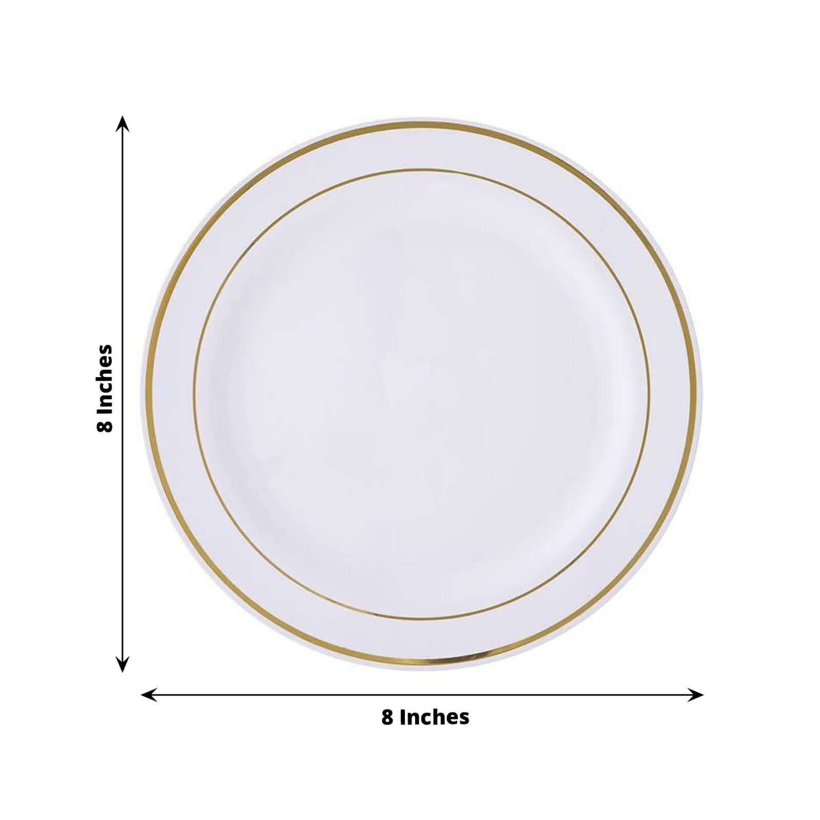 10 - Pack Plastic Dessert Plates White with TrÃ¨s Chic Gold Rim - Disposable Plates for Parties 8" - Linen Luxes