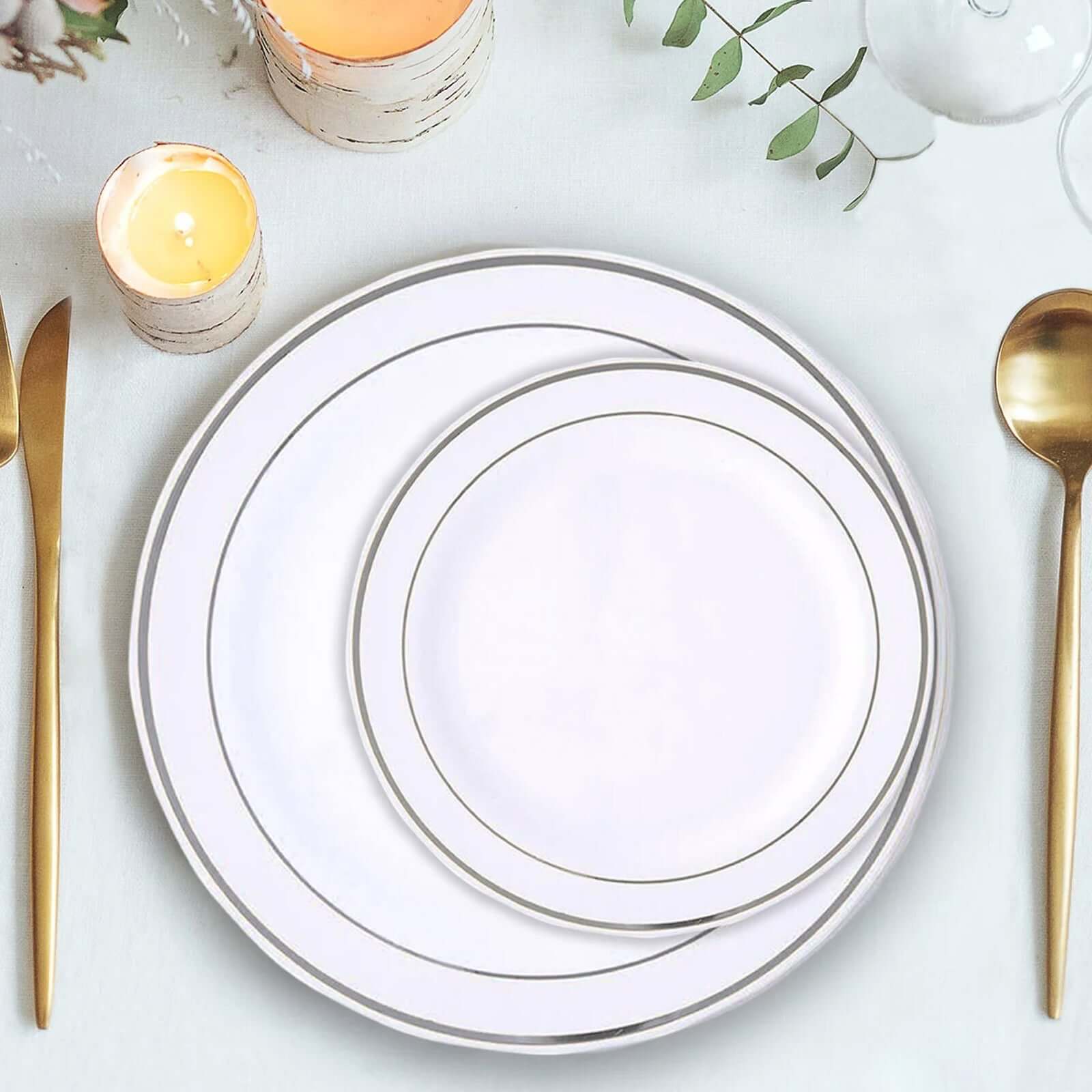 10 - Pack Plastic Dessert Plates White with TrÃ¨s Chic Silver Rim - Disposable Plates for Appetizers 6" - Linen Luxes