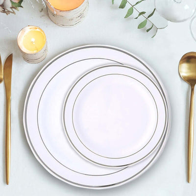 10 - Pack Plastic Dessert Plates White with TrÃ¨s Chic Silver Rim - Disposable Plates for Appetizers 6" - Linen Luxes
