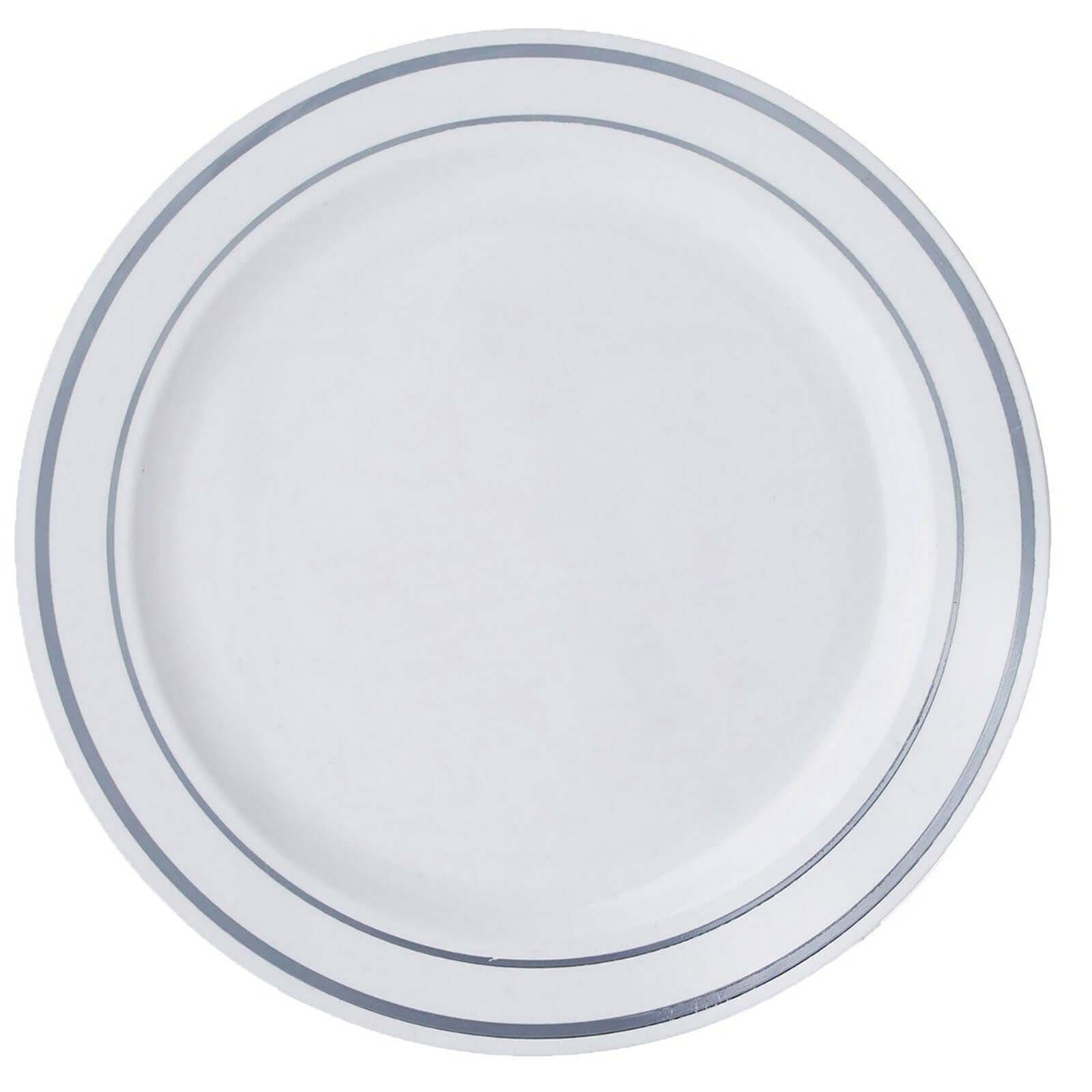 10 - Pack Plastic Dessert Plates White with TrÃ¨s Chic Silver Rim - Disposable Plates for Appetizers 6" - Linen Luxes