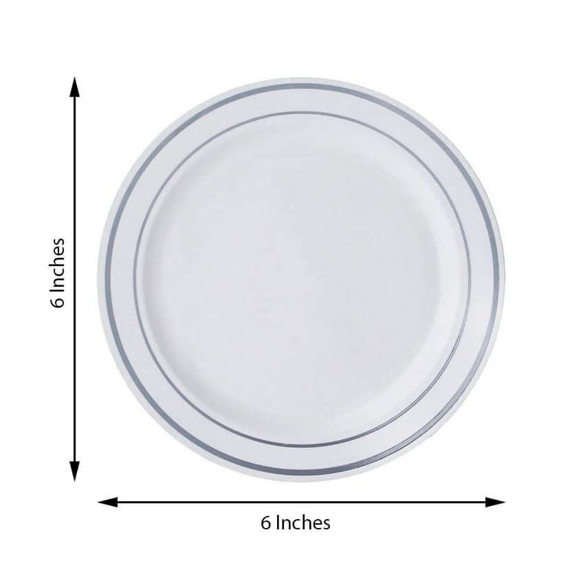 10 - Pack Plastic Dessert Plates White with TrÃ¨s Chic Silver Rim - Disposable Plates for Appetizers 6" - Linen Luxes
