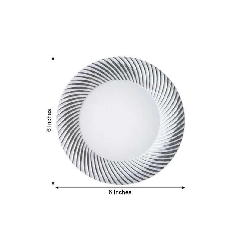 10 - Pack Plastic Dessert Plates White/Silver Swirl Rim - Disposable Plates for Appetizers 6" - Linen Luxes